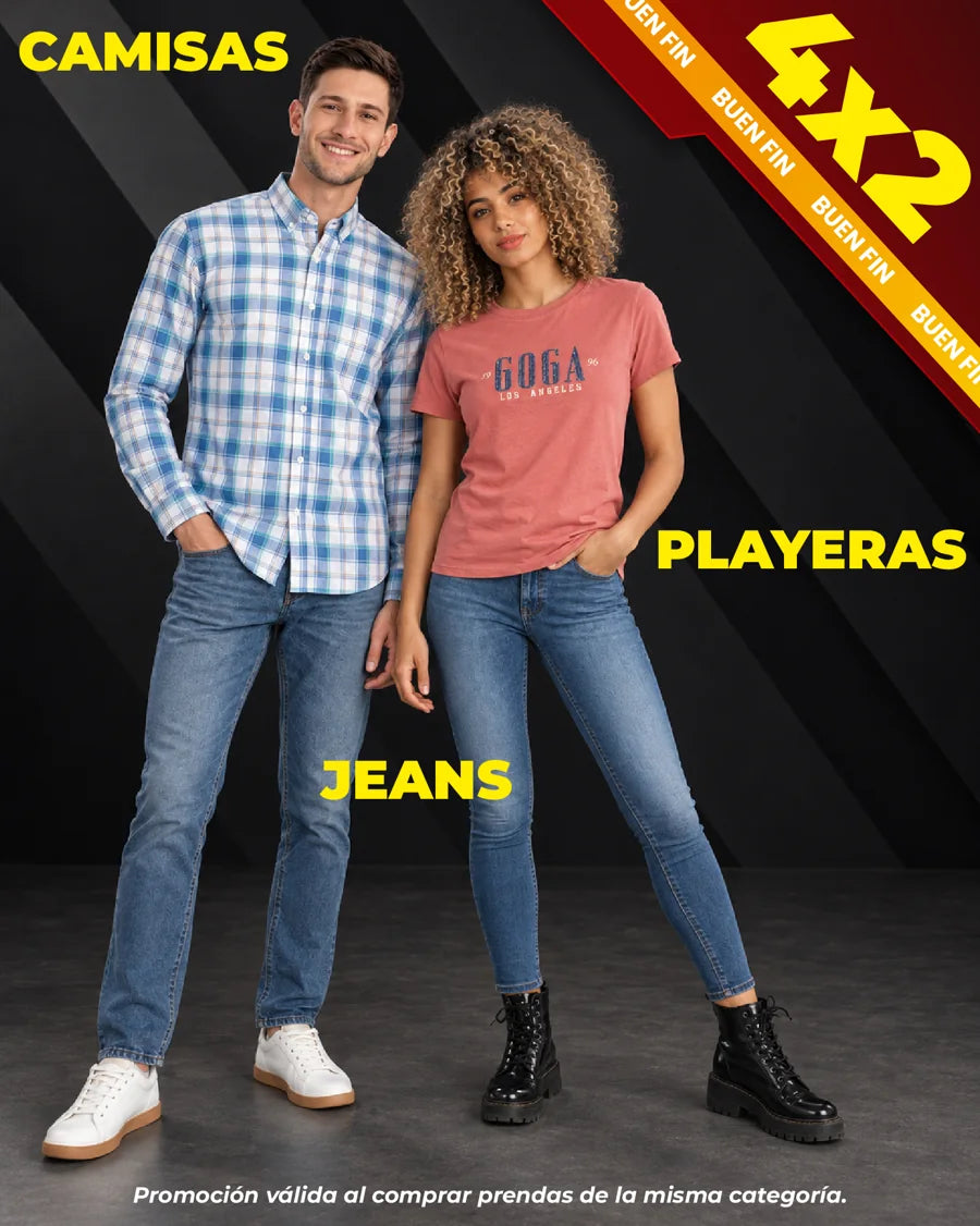 4 por 2 en camisas, playeras y jeans; prendas de la misma categoría