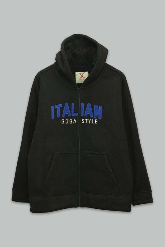 Sudadera sherpa para hombre, bordada, con capucha ajustable, bolsas frontales y cierre.