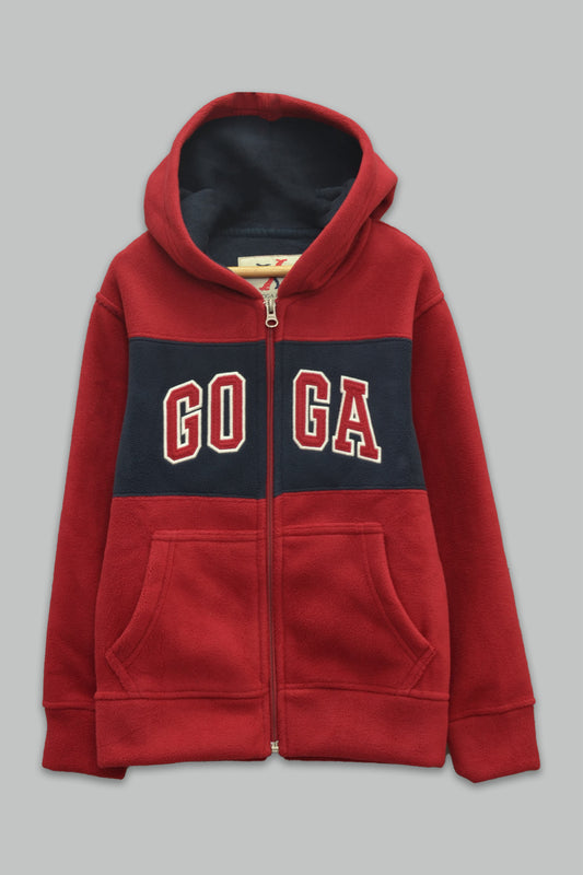 Sudadera felpa Niño bordada con manga larga, capucha ajustable, bolsas frontales y cierre.