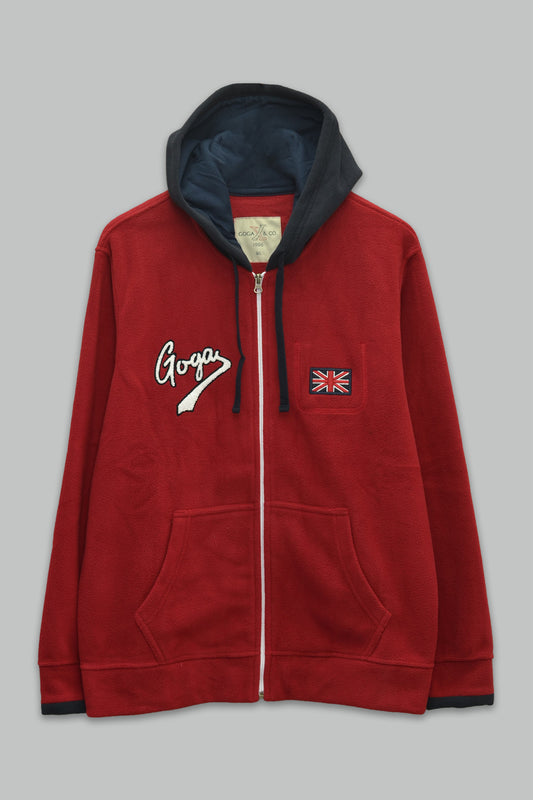 Sudadera polar para hombre, bordada con manga larga, bolsas frontales y cierre.