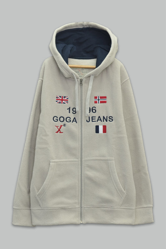 Sudadera polar para Niño bordada con manga larga, capucha ajustable, bolsas frontales y cierre.