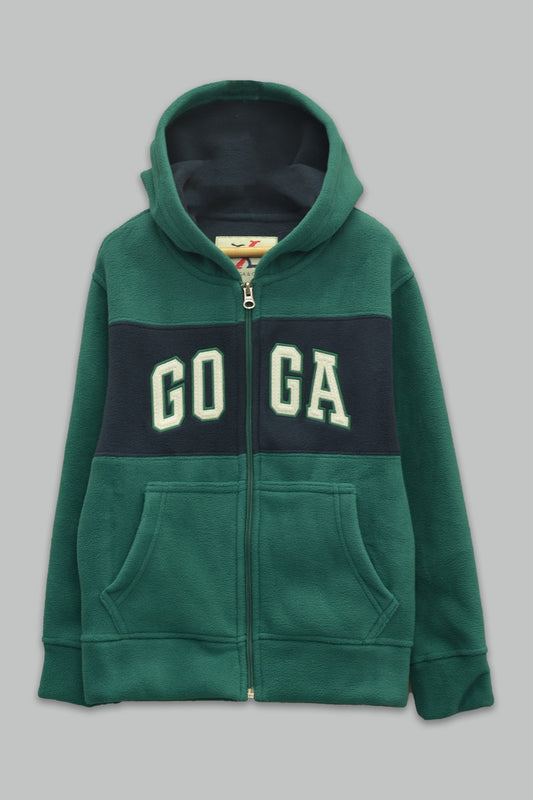 Sudadera felpa Niño bordada con manga larga, capucha ajustable, bolsas frontales y cierre.