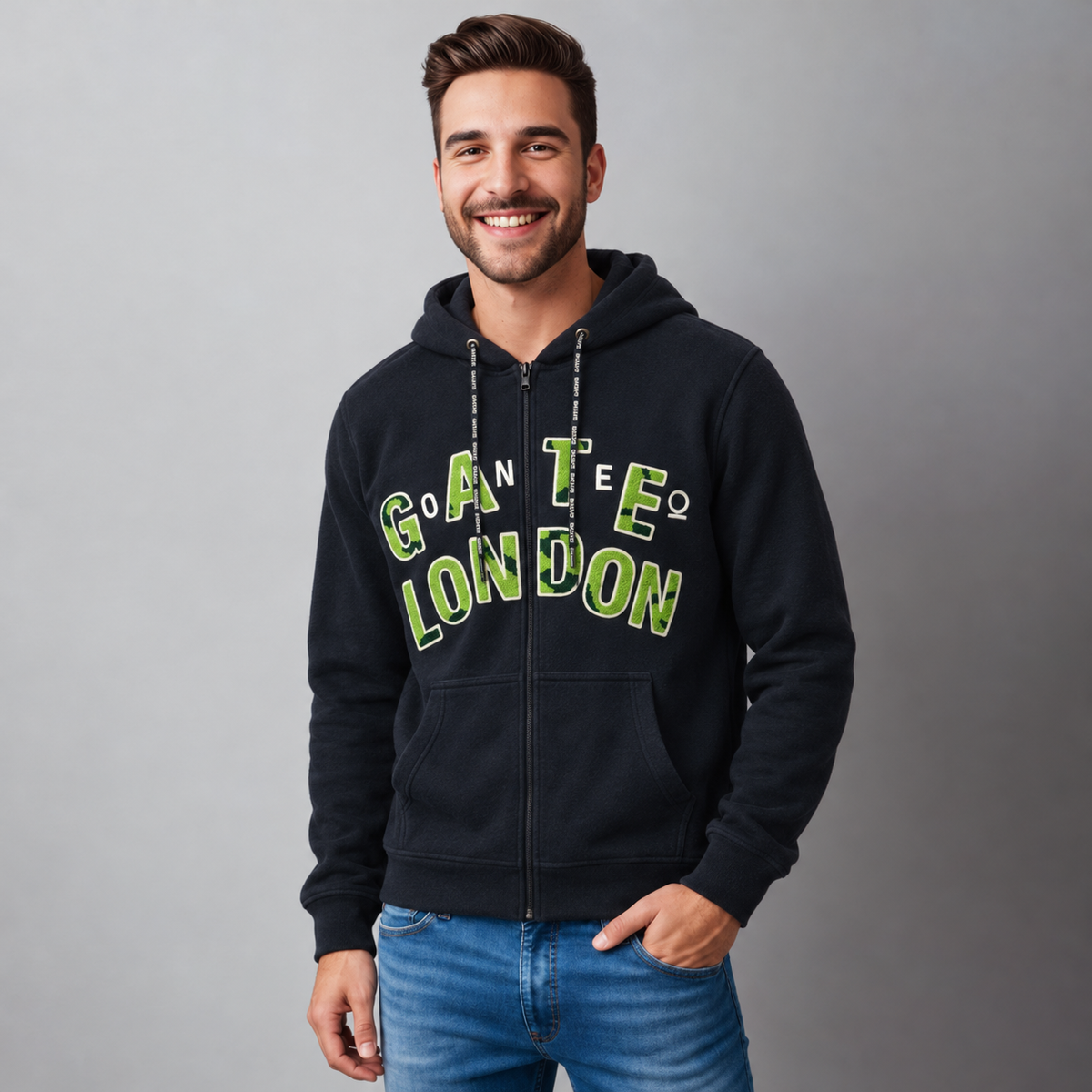 Sudadera para hombre, bolsas frontales y cierre.