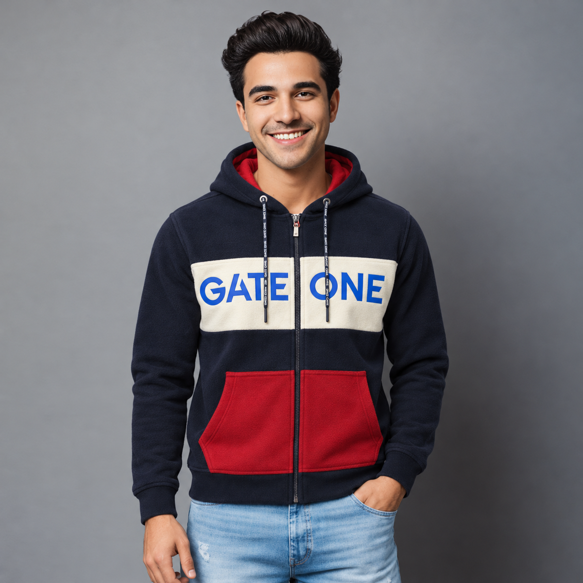Sudadera para hombre, bolsas frontales y cierre.