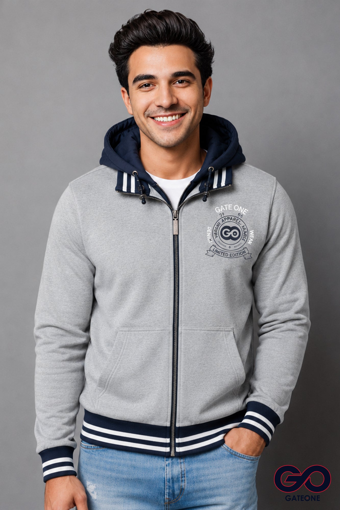 Sudadera para hombre, bolsas frontales y cierre.