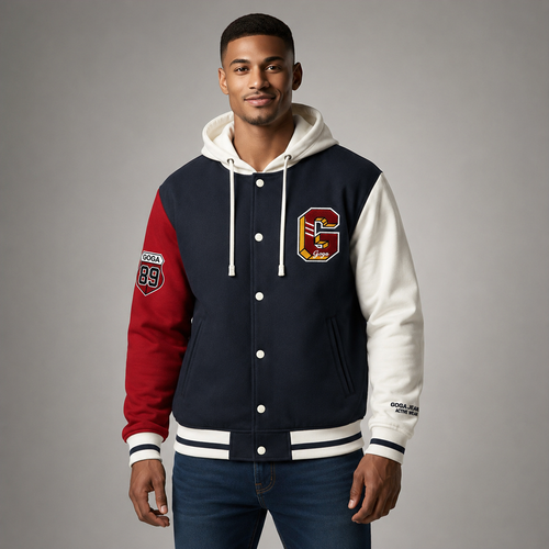 Chamarra Goga 89 Varsity Letterman Capucha Botones Manga Contraste