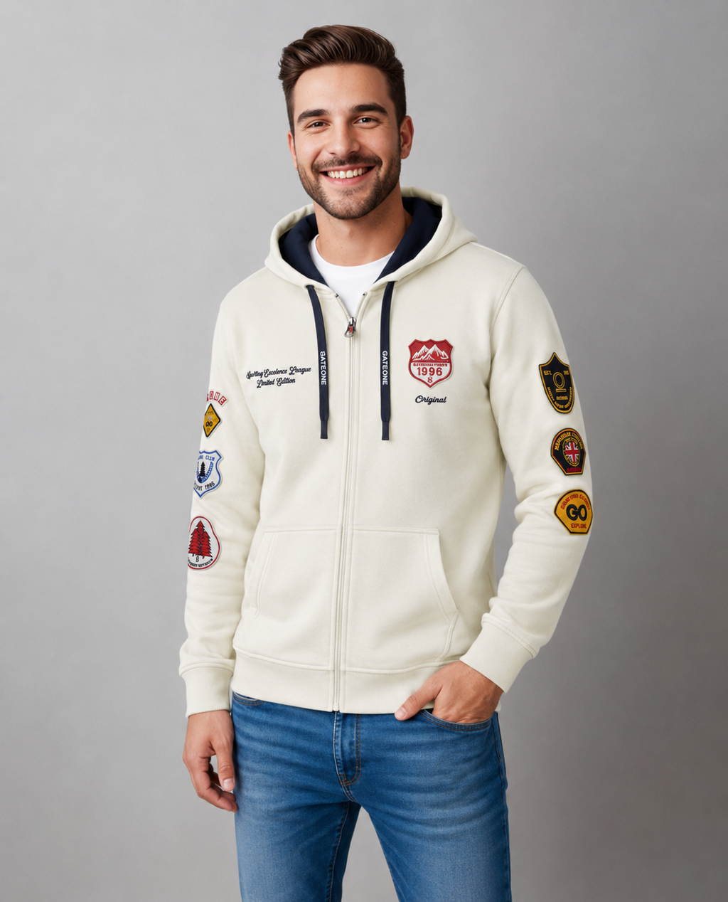 Sudadera para hombre, bolsas frontales y cierre.