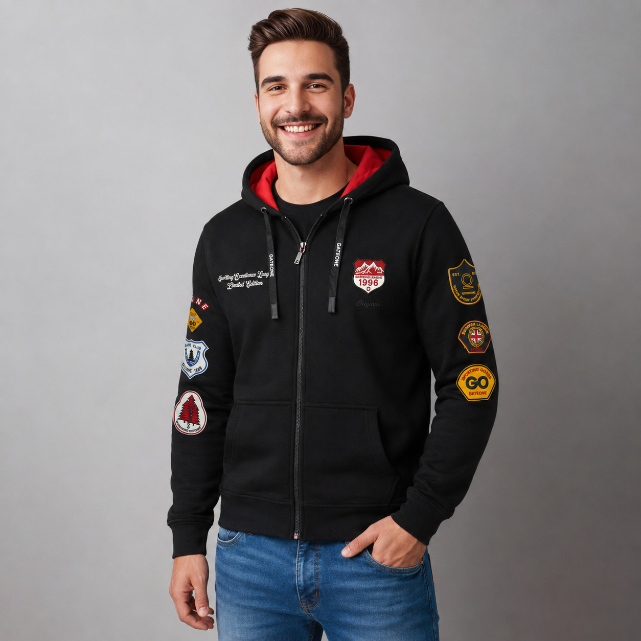 Sudadera para hombre, bolsas frontales y cierre.