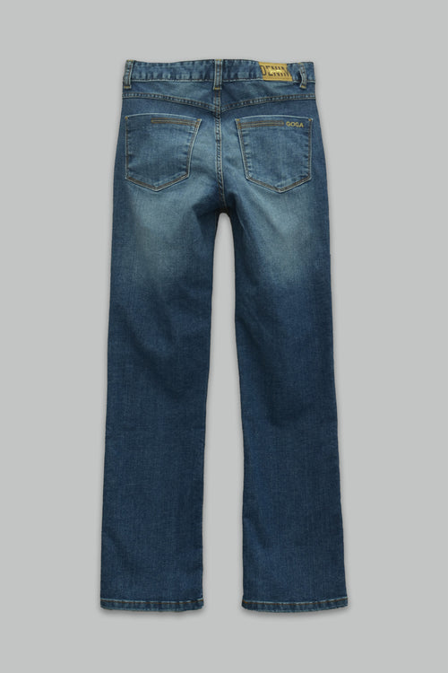 Jeans Mezclilla Corte Recto Stretch Lavado Medio Cinco Bolsillos