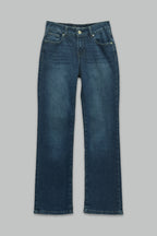 Jeans Mezclilla Corte Recto Stretch Lavado Medio Cinco Bolsillos
