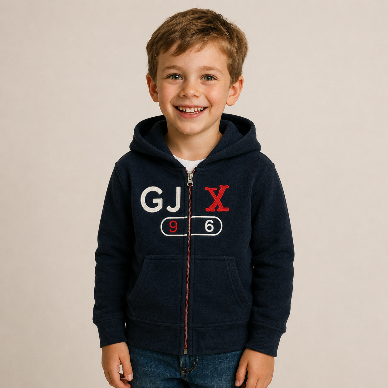 Sudadera polar para Niño bordada con manga larga, capucha ajustable, bolsas frontales y cierre.