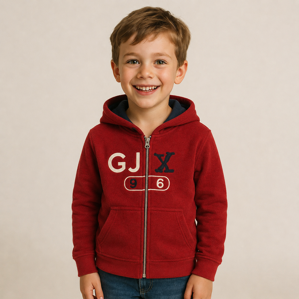 Sudadera polar para Niño bordada con manga larga, capucha ajustable, bolsas frontales y cierre.