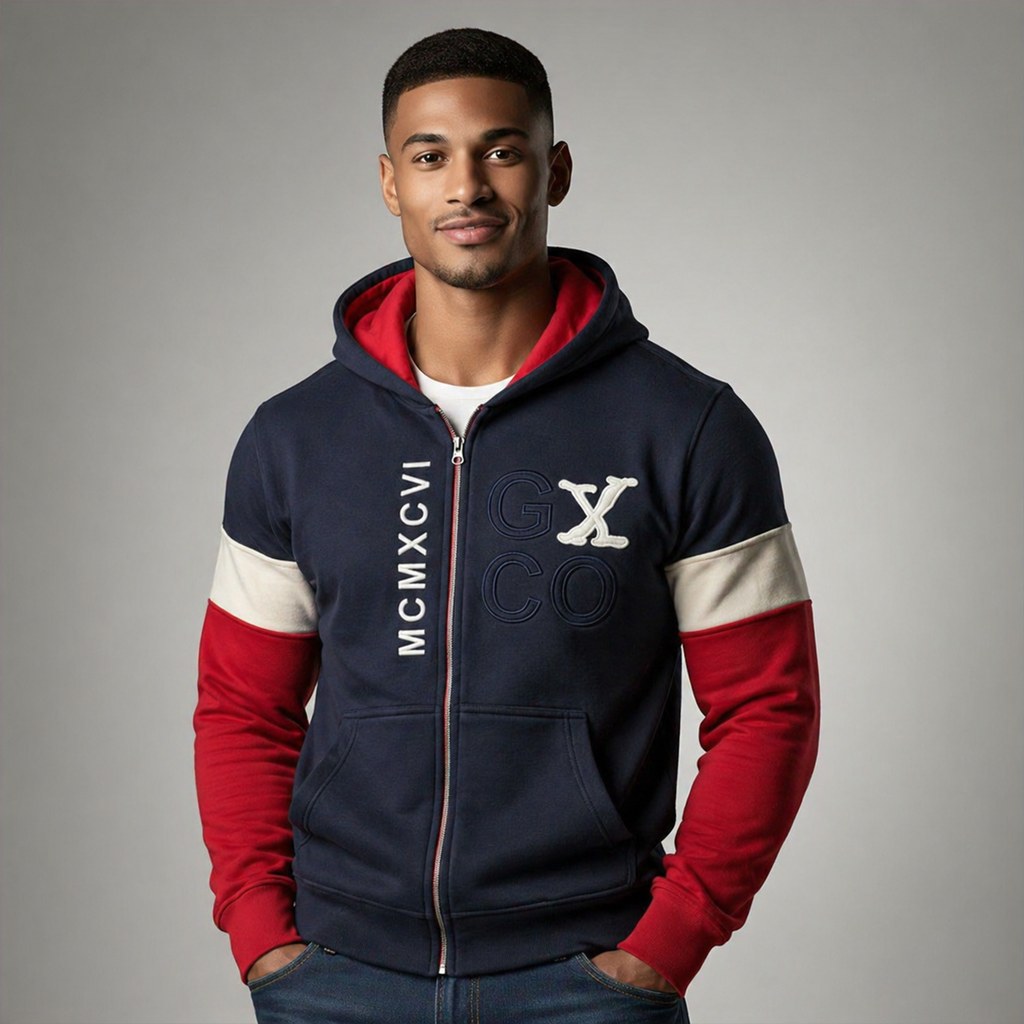 Sudadera polar para hombre, bordada con manga larga, bolsas frontales y cierre.