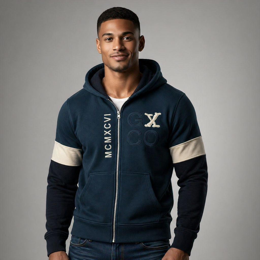 Sudadera polar para hombre, bordada con manga larga, bolsas frontales y cierre.