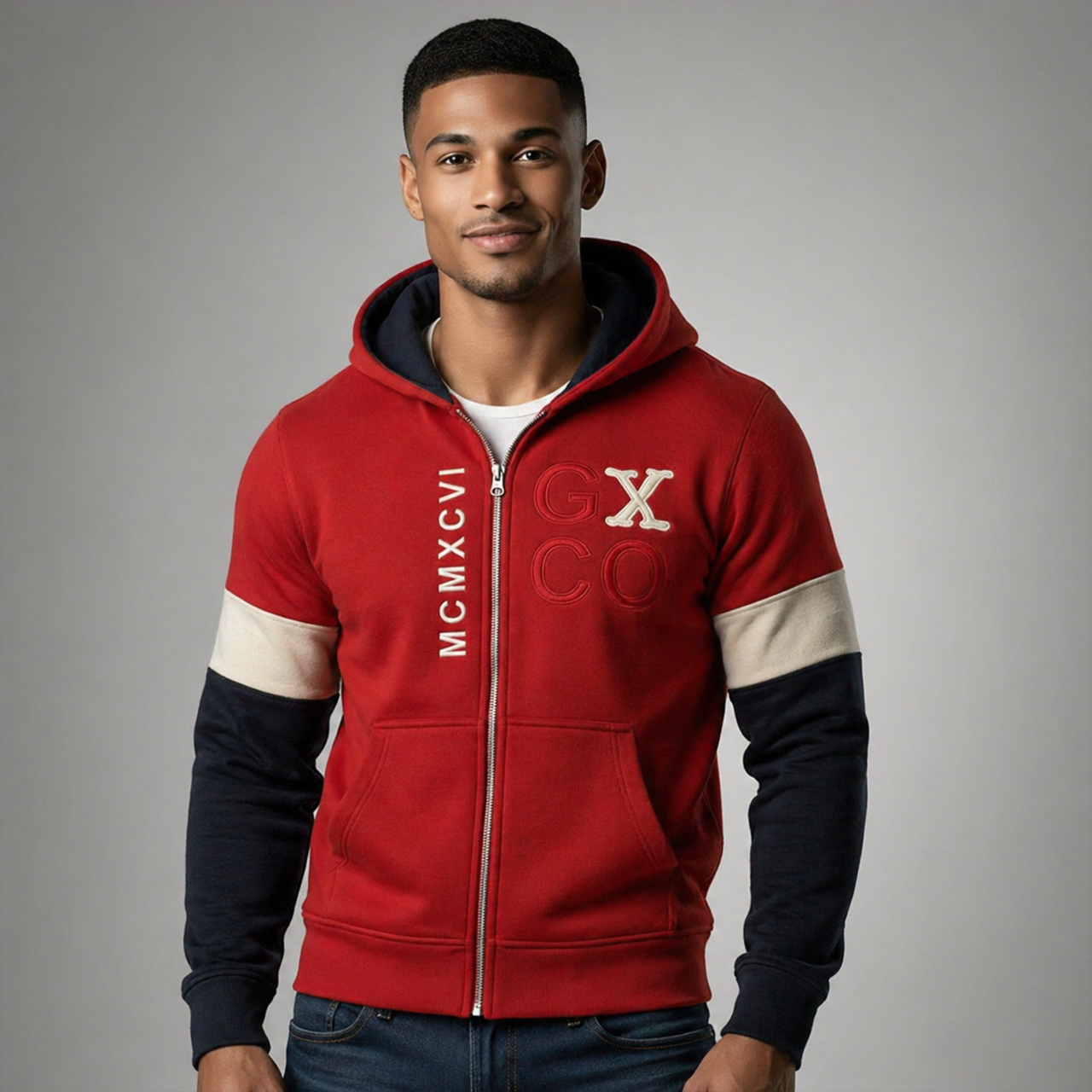 Sudadera polar para hombre, bordada con manga larga, bolsas frontales y cierre.