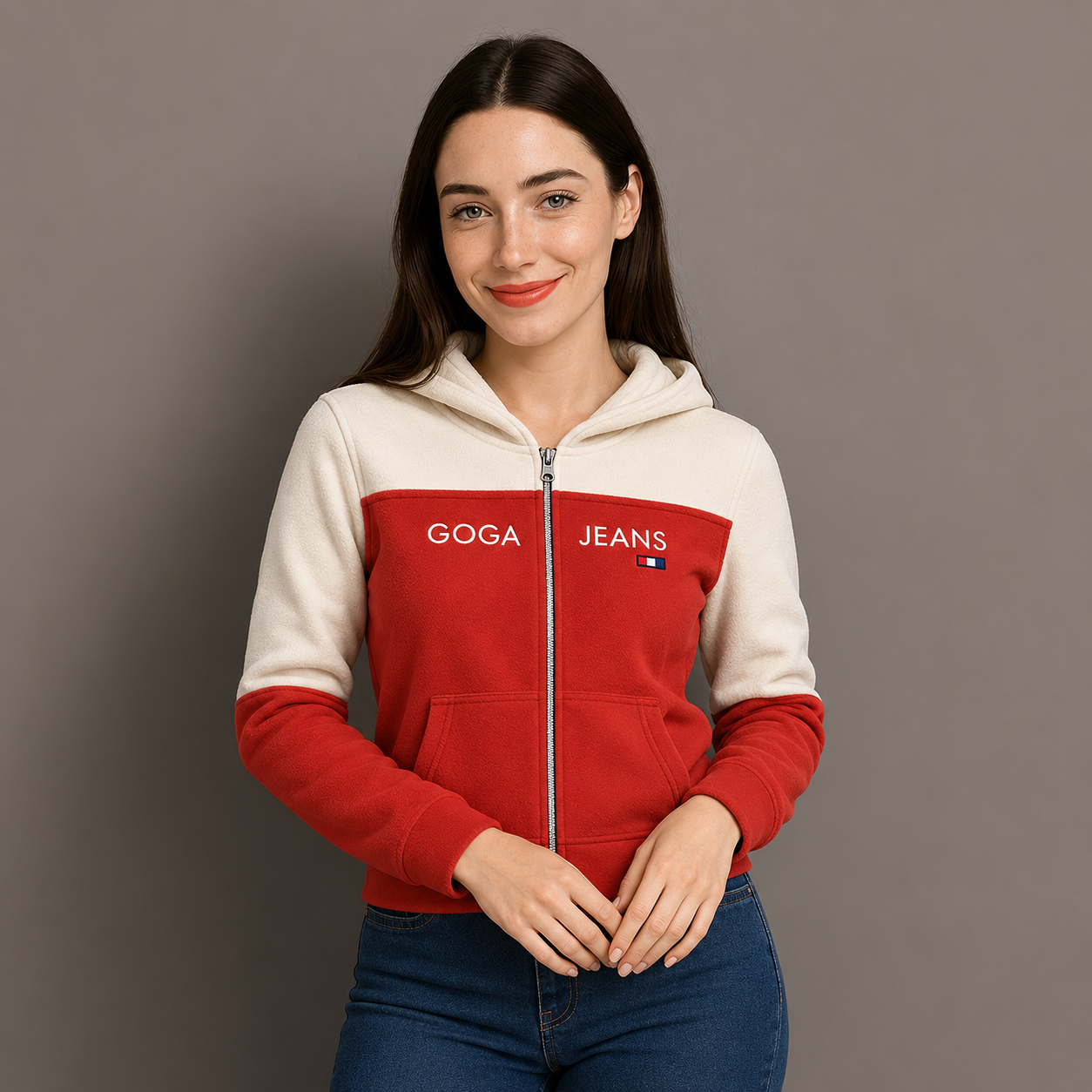 Sudadera polar para Mujer bordada, con manga larga, capucha,  bolsas frontales y cierre.