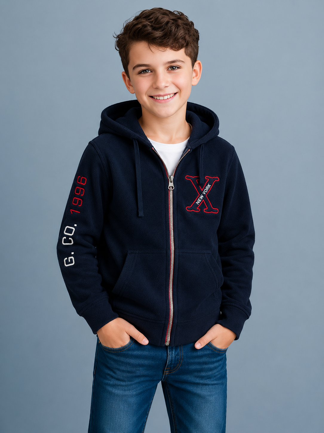 Sudadera polar para Niño bordada con manga larga, capucha ajustable, bolsas frontales y cierre.