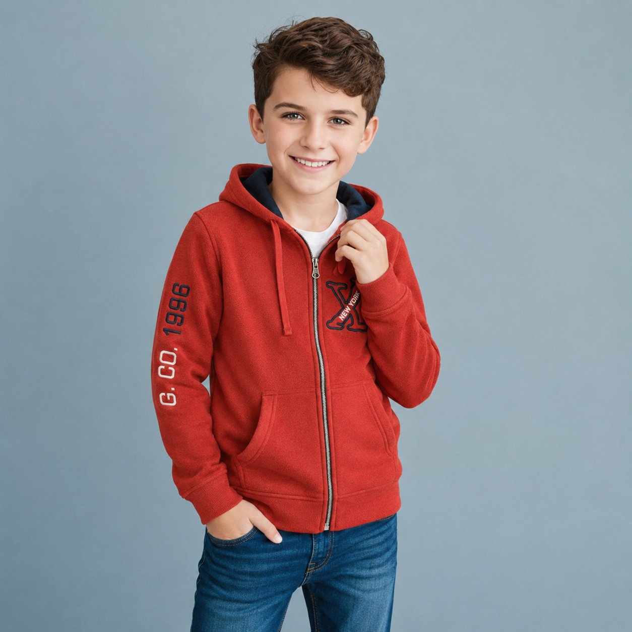 Sudadera polar para Niño bordada con manga larga, capucha ajustable, bolsas frontales y cierre.