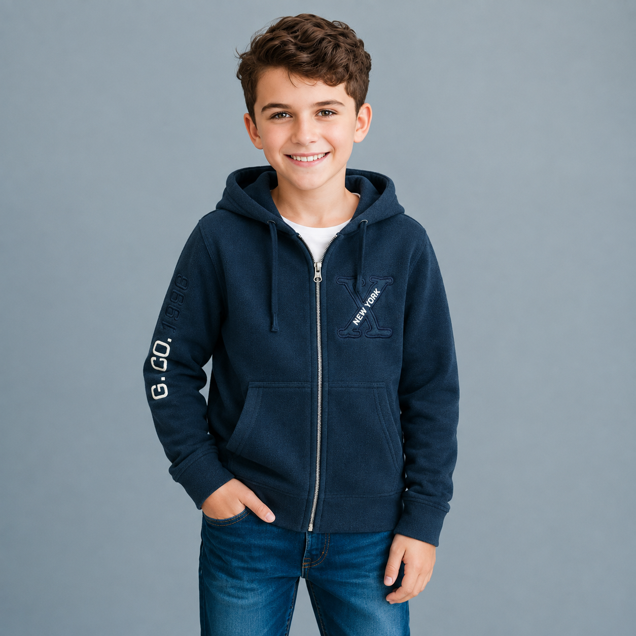 Sudadera polar para Niño bordada con manga larga, capucha ajustable, bolsas frontales y cierre.