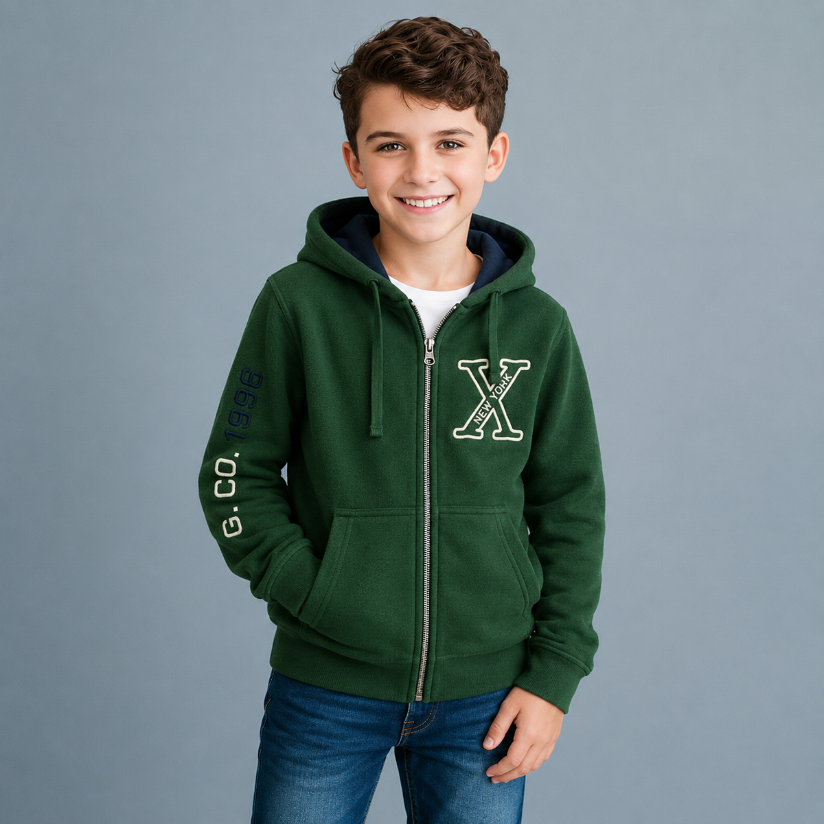 Sudadera polar para Niño bordada con manga larga, capucha ajustable, bolsas frontales y cierre.