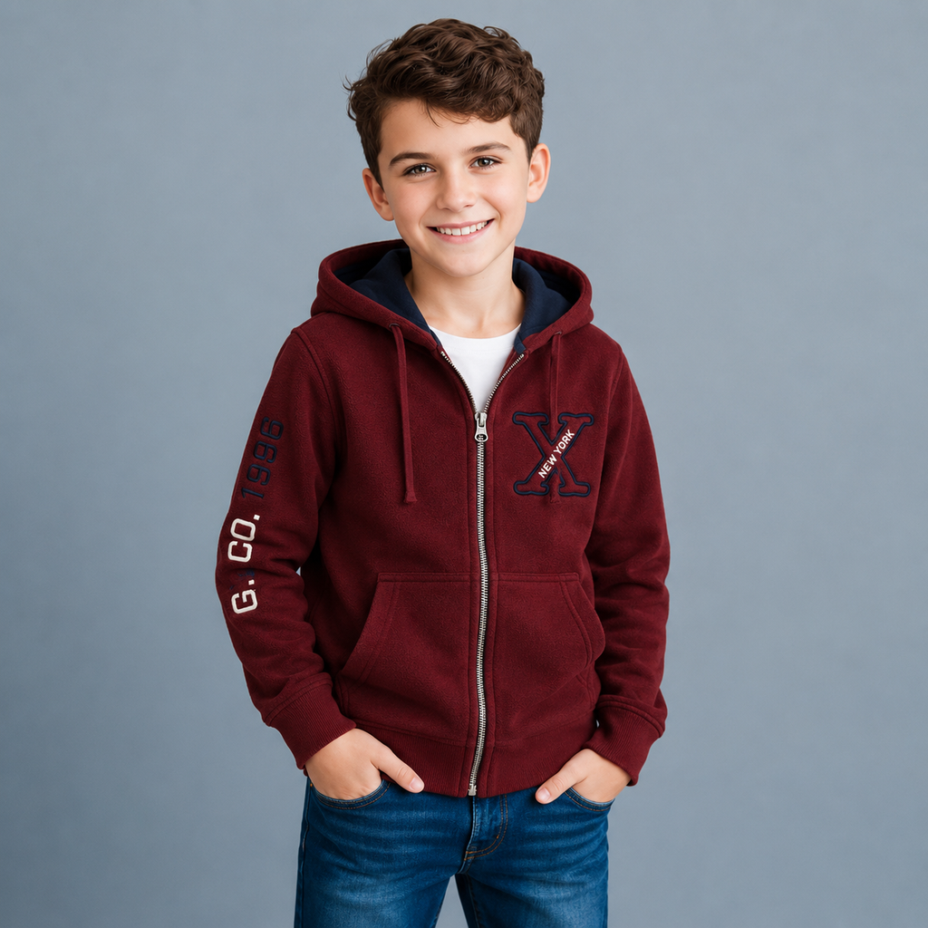 Sudadera polar para Niño bordada con manga larga, capucha ajustable, bolsas frontales y cierre.