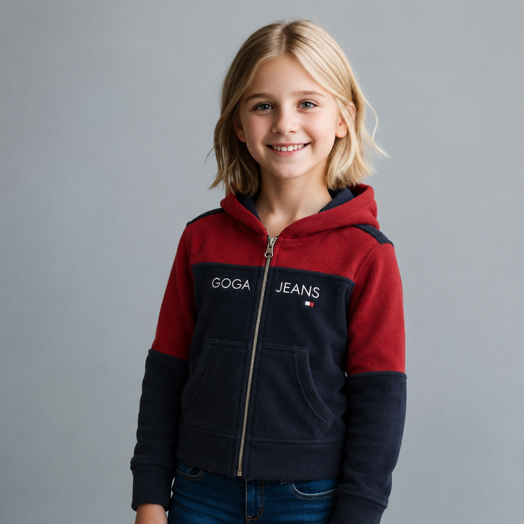 Sudadera polar bordada con capucha ajustable para niña , bolsas frontales y cierre.