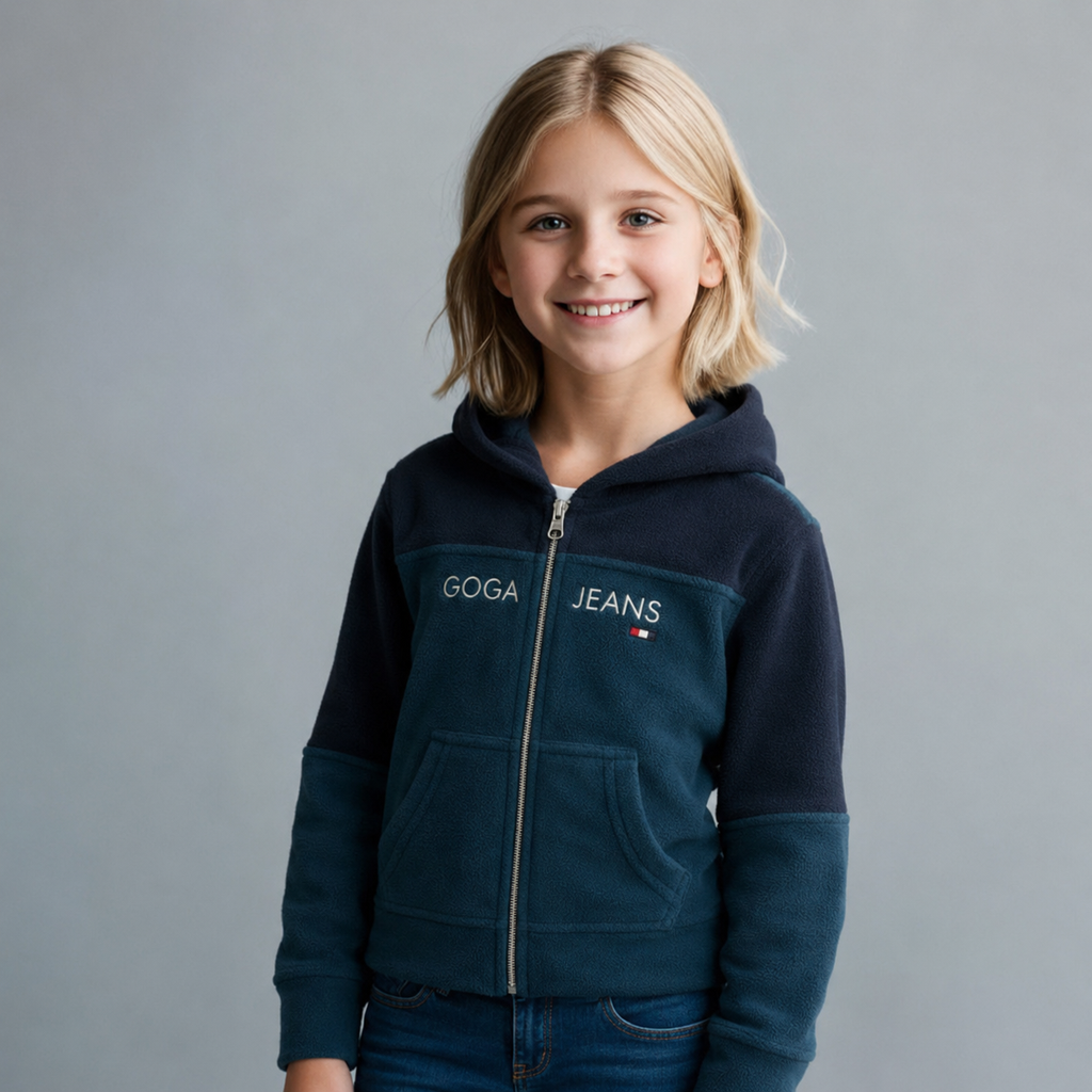 Sudadera polar bordada con capucha ajustable para niña , bolsas frontales y cierre.