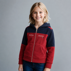 Sudadera polar bordada con capucha ajustable para niña , bolsas frontales y cierre.