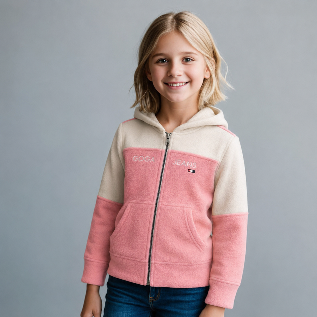 Sudadera polar bordada con capucha ajustable para niña , bolsas frontales y cierre.