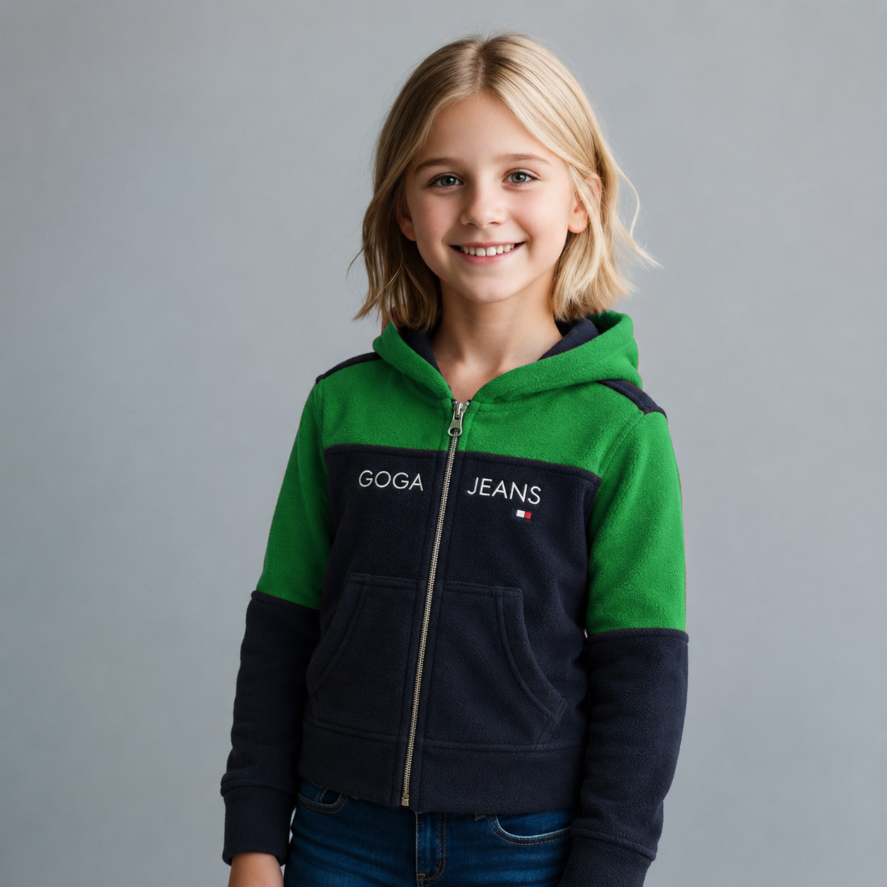 Sudadera polar bordada con capucha ajustable para niña , bolsas frontales y cierre.