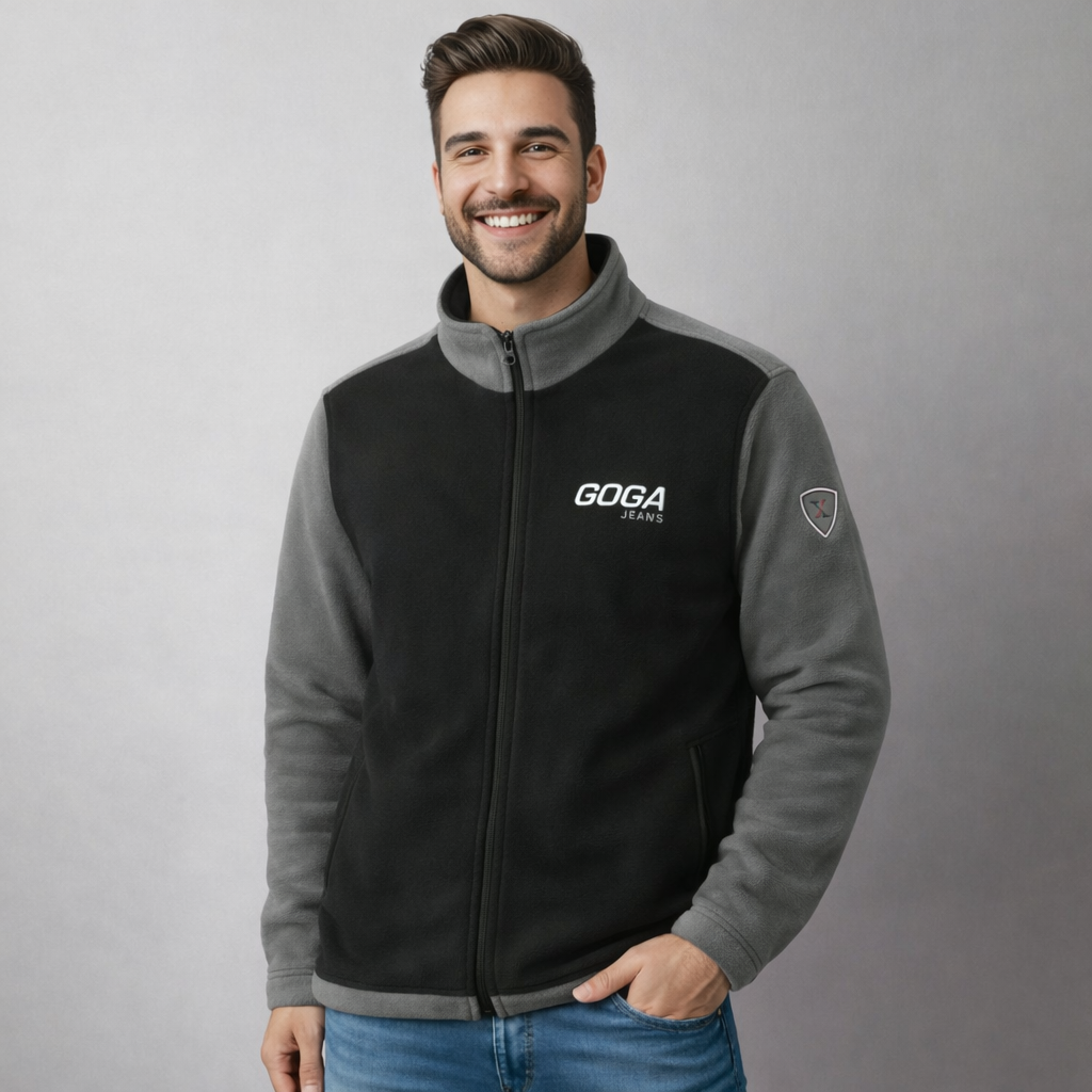 Sudadera polar para hombre, bordada con manga larga, Cuello alto. bolsas frontales y cierre.