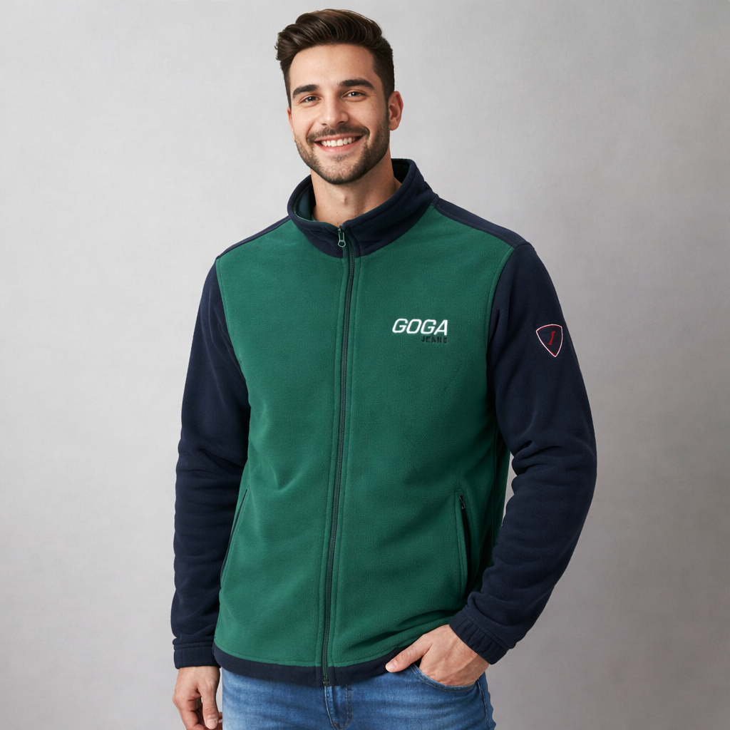 Sudadera polar para hombre, bordada con manga larga, Cuello alto. bolsas frontales y cierre.