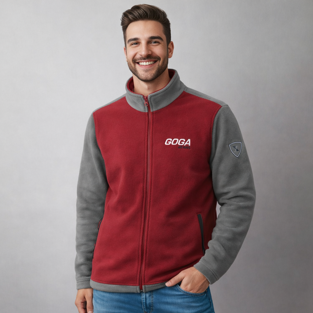Sudadera polar para hombre, bordada con manga larga, Cuello alto. bolsas frontales y cierre.