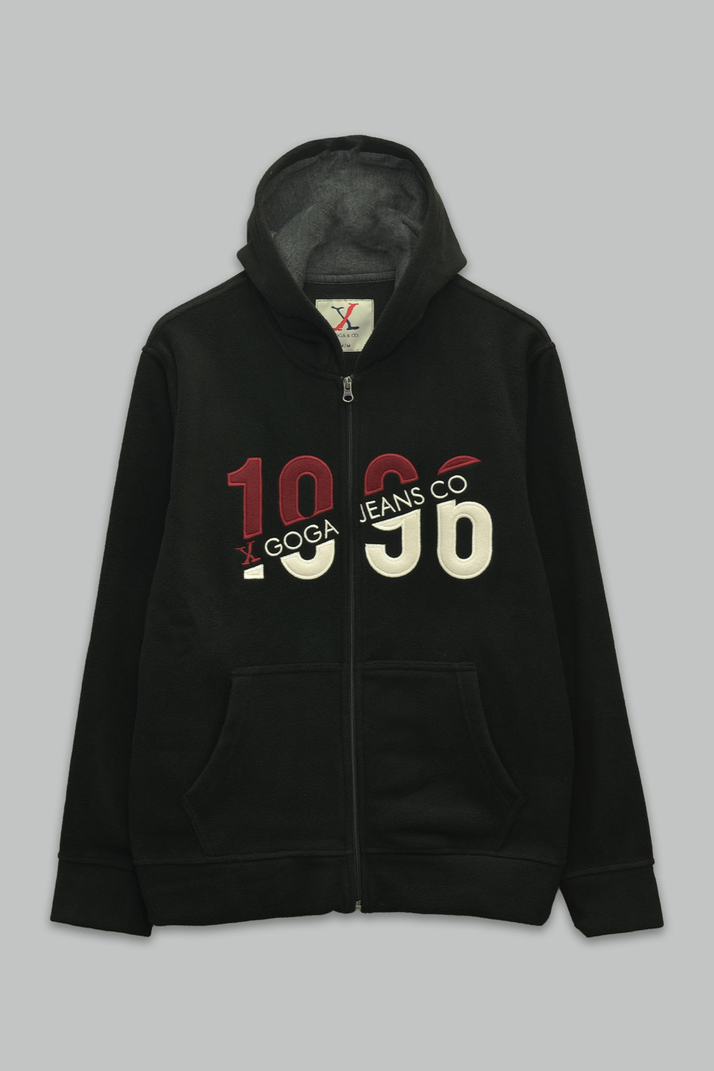 Sudadera polar para hombre, bordada con manga larga, bolsas frontales y cierre.