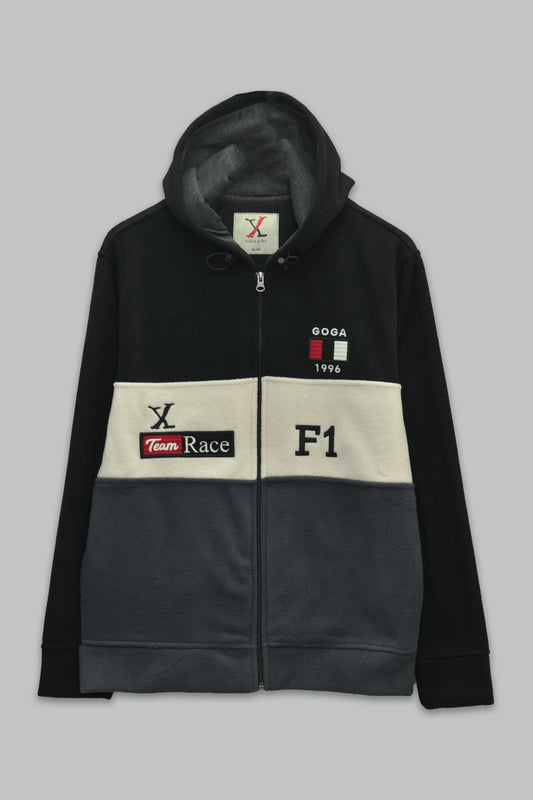 Sudadera polar para hombre, bordada con manga larga, bolsas frontales y cierre.