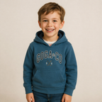 Sudadera polar bordada con manga larga, capucha ajustable, bolsa frontal.