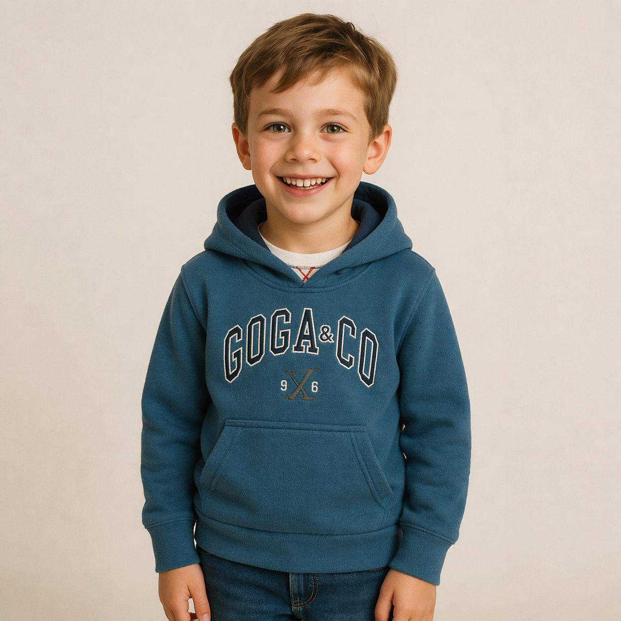 Sudadera polar bordada con manga larga, capucha ajustable, bolsa frontal.