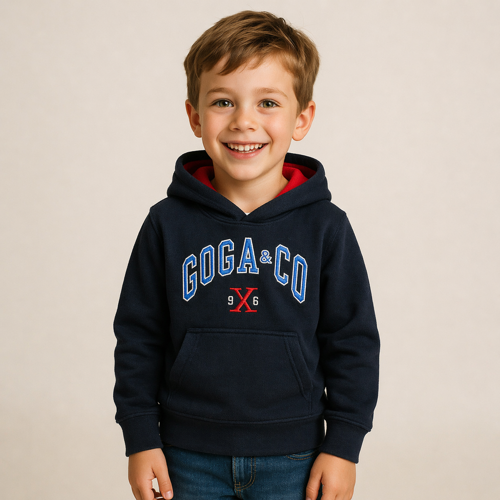 Sudadera polar bordada con manga larga, capucha ajustable, bolsa frontal.