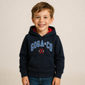 Sudadera polar bordada con manga larga, capucha ajustable, bolsa frontal.