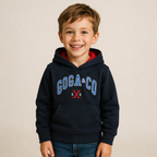 Sudadera polar bordada con manga larga, capucha ajustable, bolsa frontal.