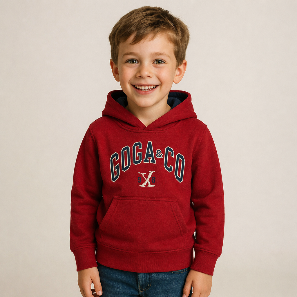 Sudadera polar bordada con manga larga, capucha ajustable, bolsa frontal.
