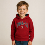 Sudadera polar bordada con manga larga, capucha ajustable, bolsa frontal.