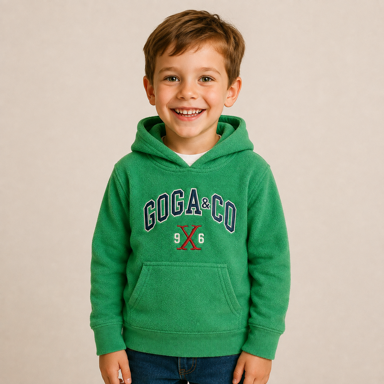 Sudadera polar bordada con manga larga, capucha ajustable, bolsa frontal.