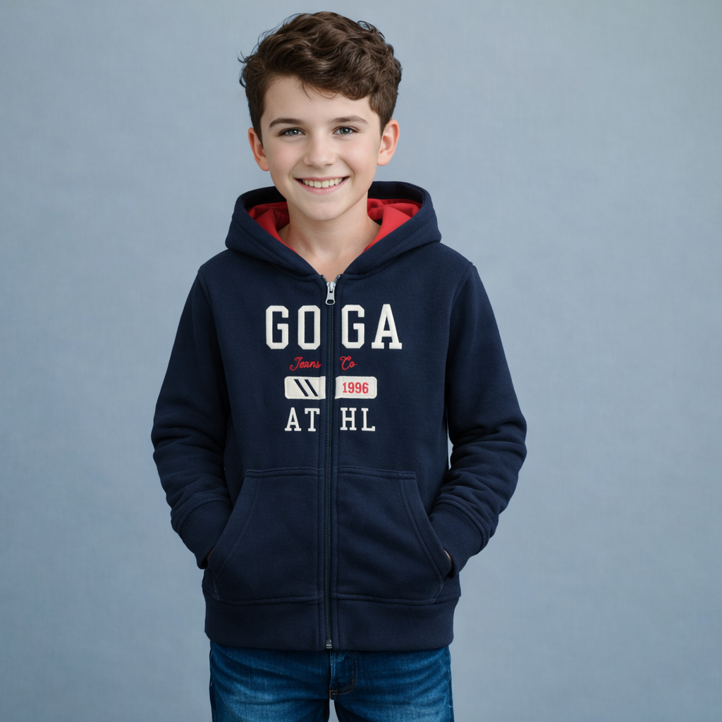 Sudadera polar para Niño bordada con manga larga, capucha ajustable, bolsas frontales y cierre.