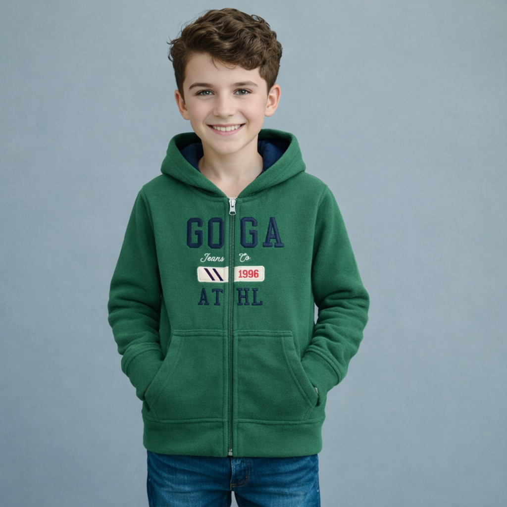 Sudadera polar para Niño bordada con manga larga, capucha ajustable, bolsas frontales y cierre.