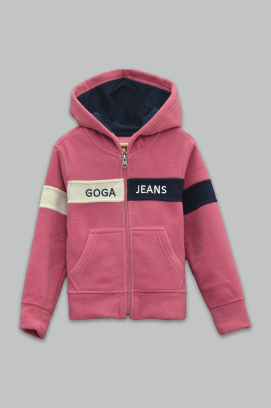 Sudadera polar bordada con capucha ajustable para niña , bolsas frontales y cierre