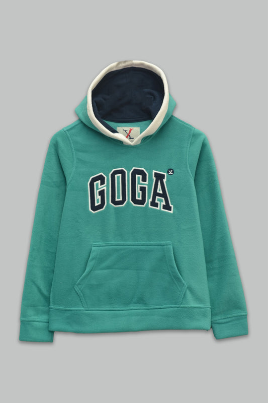 Sudadera polar Dama bordada con manga larga, capucha ajustable y bolsa frontal.