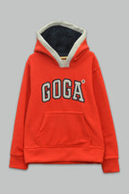 Sudadera polar bordada con manga larga, capucha ajustable, bolsa frontal.