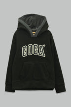 Sudadera polar bordada con manga larga, capucha ajustable, bolsa frontal.