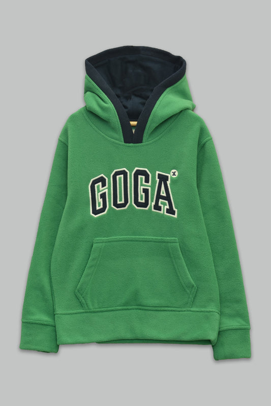 Sudadera polar bordada con manga larga, capucha ajustable, bolsa frontal.